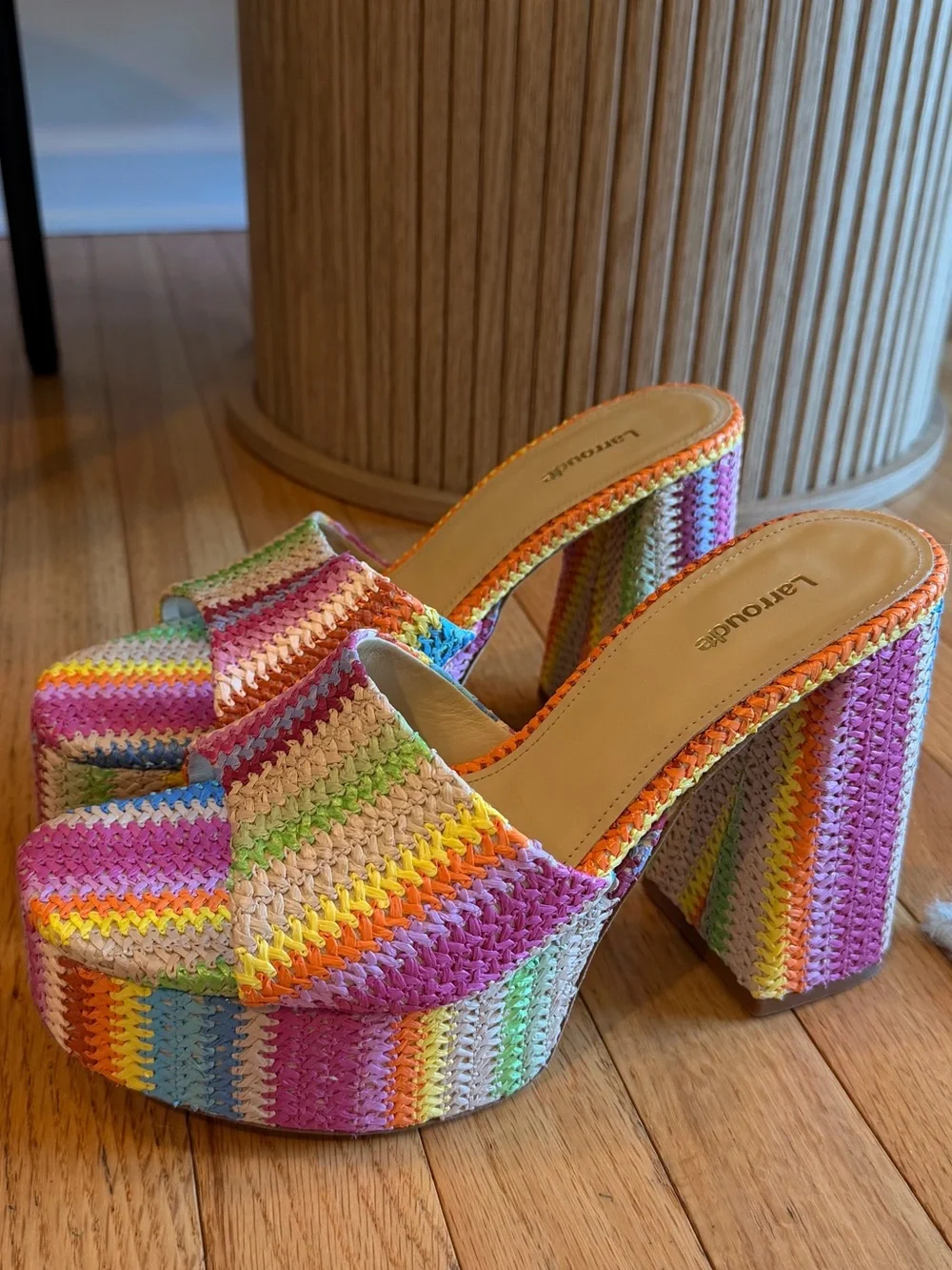 Larroude Raffia Platform Mules